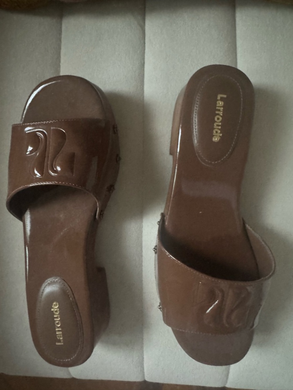 Brown patent leather slide Sandals with Stud Accents
